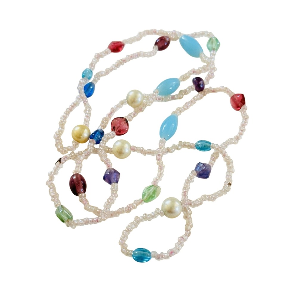 VTG Art glass Necklace Poured Beads Retro Colorful Pink Blue Pearl long 40"‎ 90s
